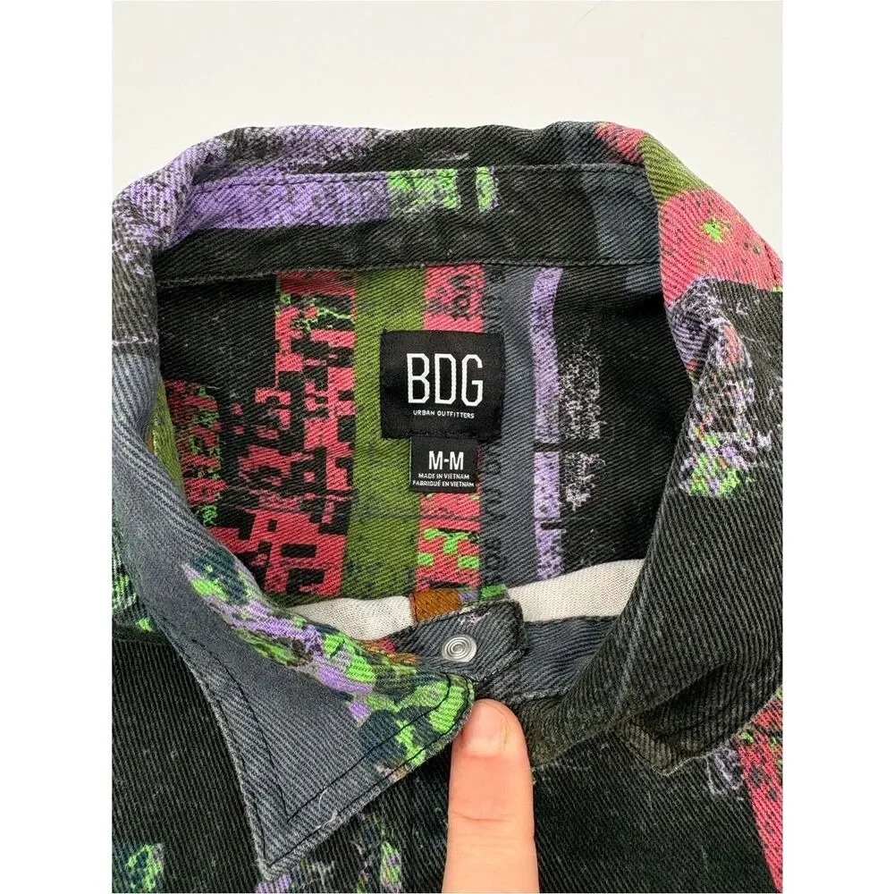 BDG Black Button-Up Shirt with Green, Purple & Pink Graphic Print